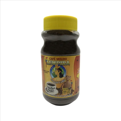 Frasco de Café Molido Lempira Extra Dark Roasted 10.5 oz, café puro molido de tueste extra oscuro.
