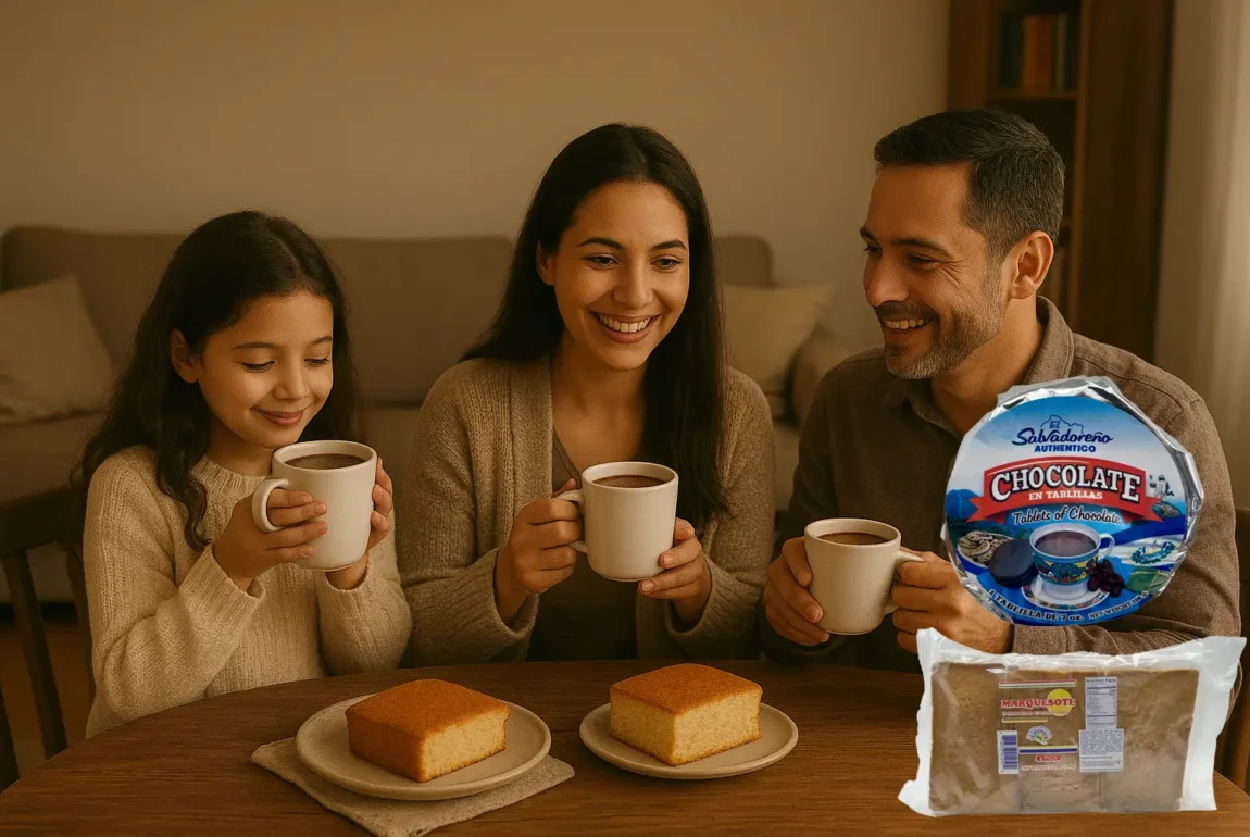 Familia disfrutando una tarde de chocolate y marquesote salvadoreño, con productos auténticos de Doña Lisa