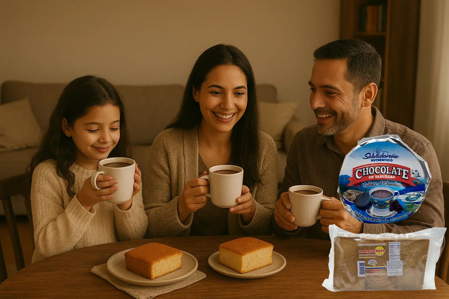 Familia disfrutando una tarde de chocolate y marquesote salvadoreño, con productos auténticos de Doña Lisa
