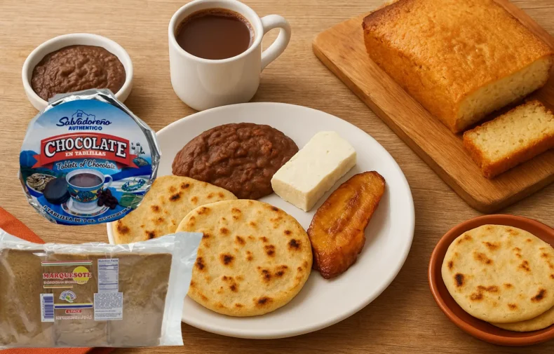 Familia disfrutando un desayuno centroamericano con tamales, café y productos de Doña Lisa en un ambiente cálido y hogareño.