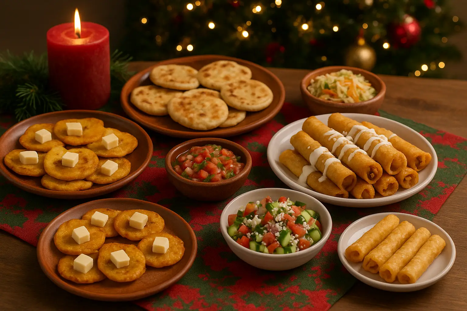 Aperitivos centroamericanos navideños con pupusas mini, plátano maduro con queso, taquitos fritos, yuca y ensalada, servidos en una mesa festiva.