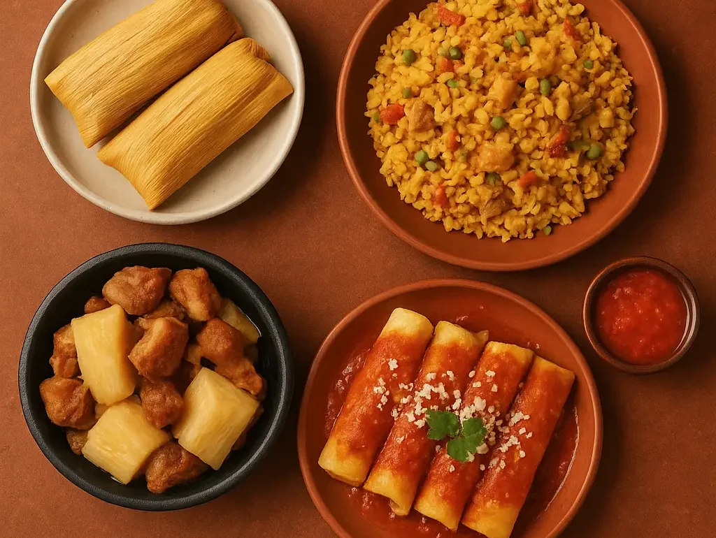 Platos típicos centroamericanos como tamales, enchiladas, arroz y yuca con chicharrón presentados en una mesa, representando el sabor auténtico de Doña Lisa.