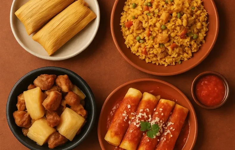 Platos típicos centroamericanos como tamales, enchiladas, arroz y yuca con chicharrón presentados en una mesa, representando el sabor auténtico de Doña Lisa.