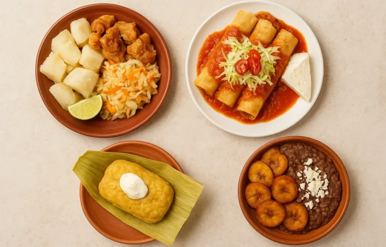 Platos tradicionales centroamericanos como yuca con chicharrón, enchiladas, tamalito de elote y plátanos fritos con frijoles, preparados con productos Doña Lisa.