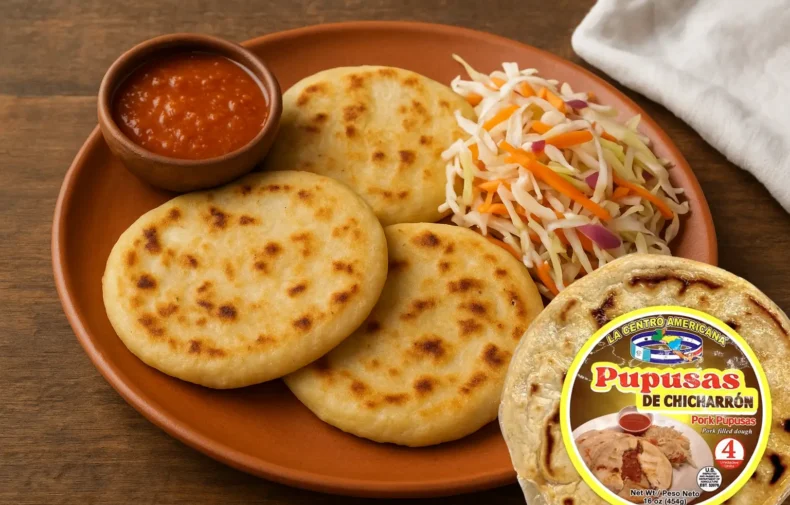 Deliciosas pupusas salvadoreñas servidas con curtido y salsa roja, una receta tradicional perfecta para disfrutar en familia con productos de Doña Lisa.