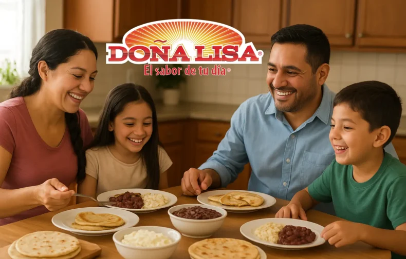 Familia hispana disfrutando una comida centroamericana con productos Doña Lisa