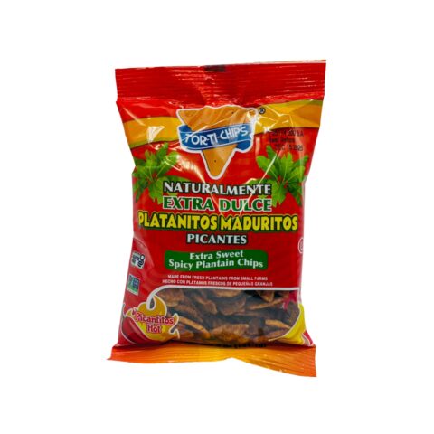 Tajaditas de plátano maduro picantes Tor-Ti-Chips, snack latino crujiente con chile, presentación 5 onzas, caja de 18 unidades