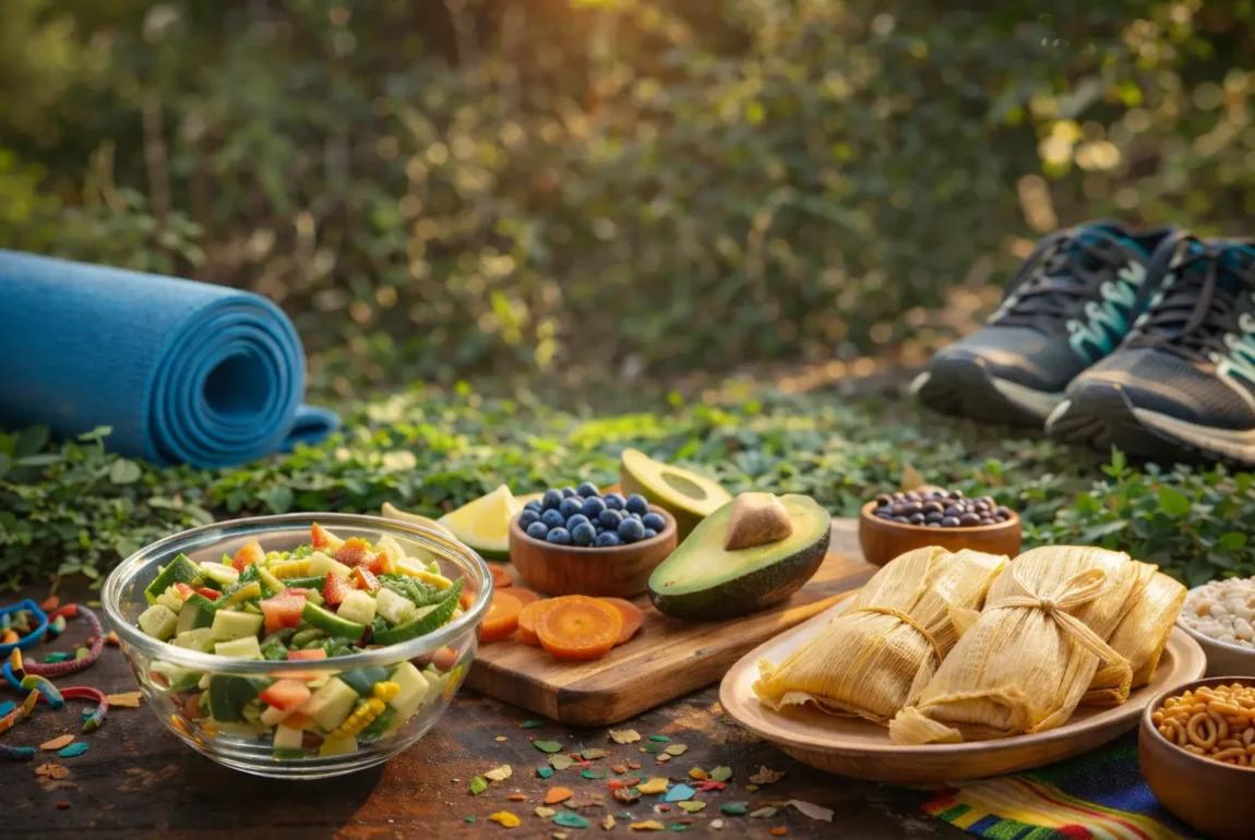 Platos de comida latina saludable con ensalada fresca y tamales, ideales para una dieta equilibrada en el año nuevo