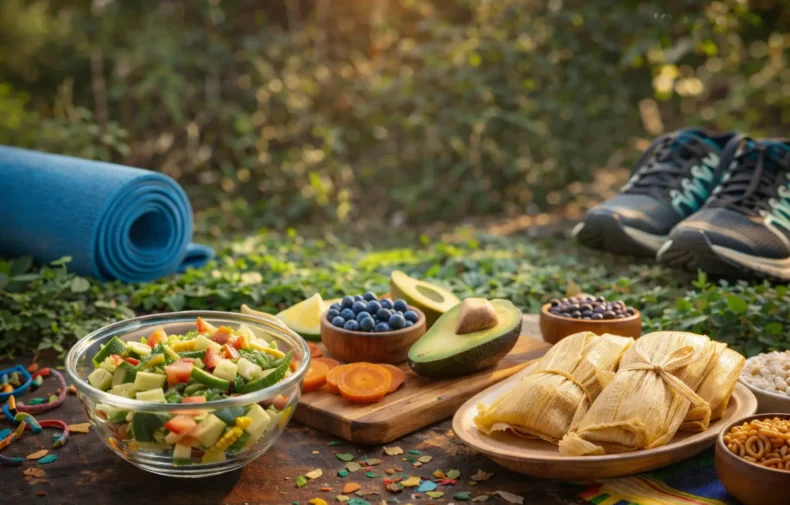 Platos de comida latina saludable con ensalada fresca y tamales, ideales para una dieta equilibrada en el año nuevo