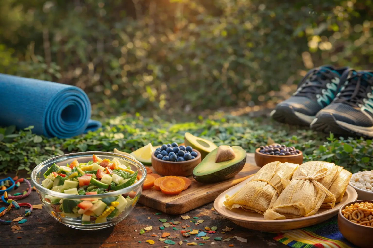 Platos de comida latina saludable con ensalada fresca y tamales, ideales para una dieta equilibrada en el año nuevo