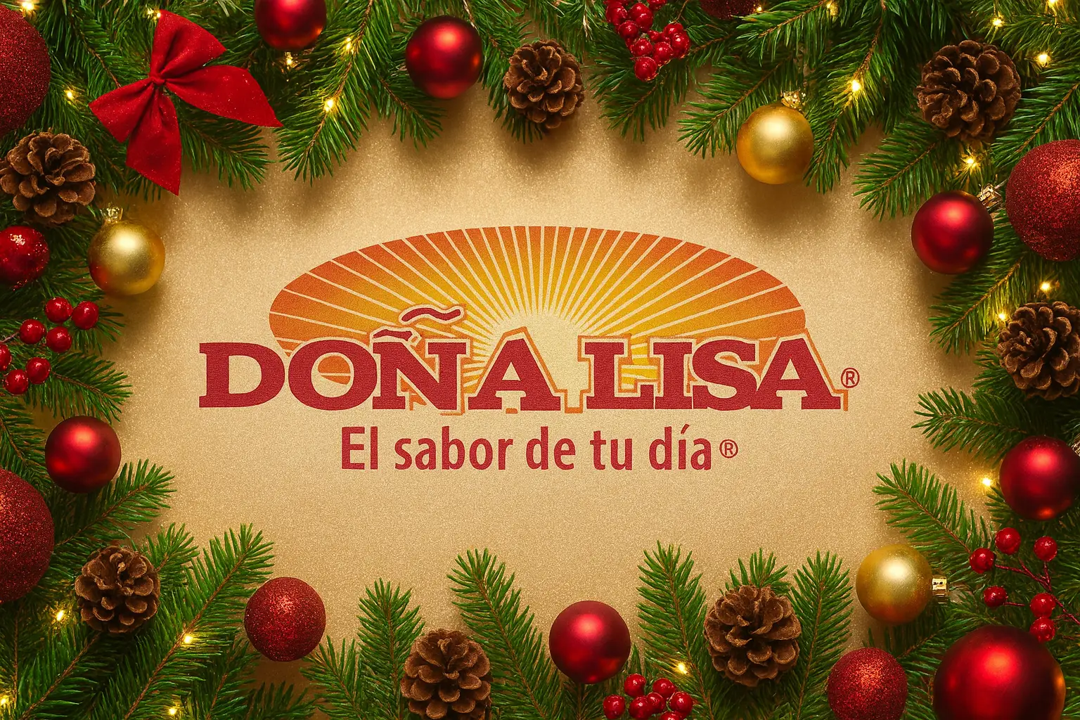 Decoración navideña con ramas de pino, esferas rojas y doradas, con el logo de Doña Lisa en el centro.