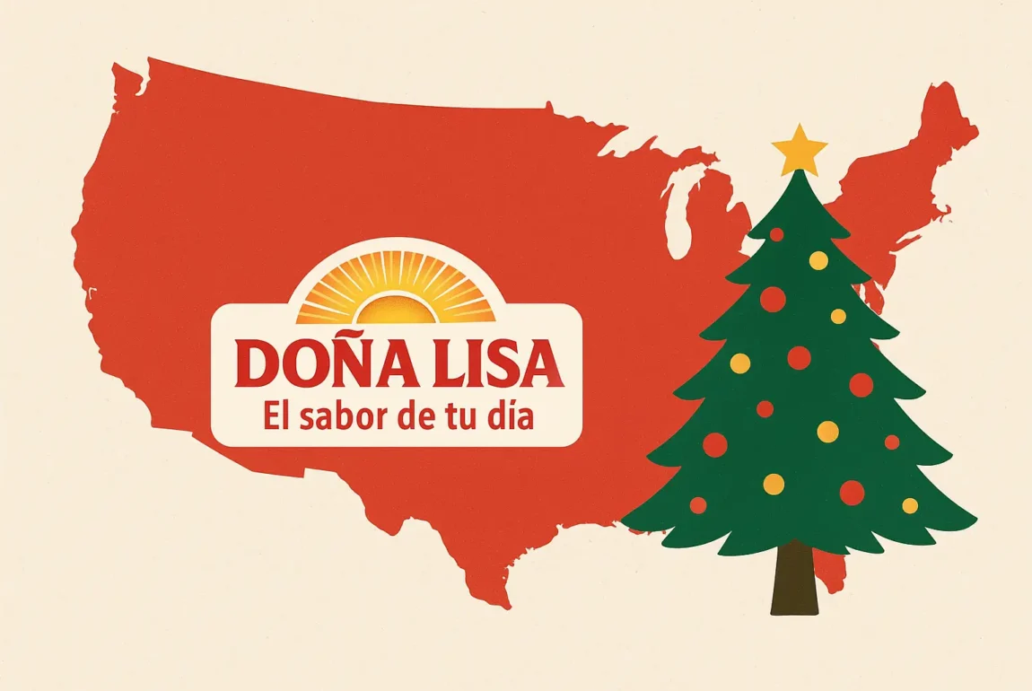 Mapa de Estados Unidos con árbol de Navidad y logo de Doña Lisa, representando productos latinos tradicionales para las fiestas navideñas en EE. UU.