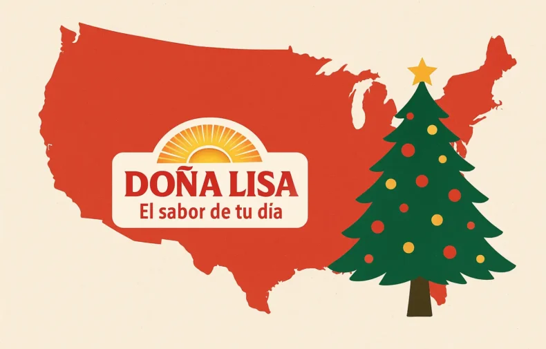 Mapa de Estados Unidos con árbol de Navidad y logo de Doña Lisa, representando productos latinos tradicionales para las fiestas navideñas en EE. UU.