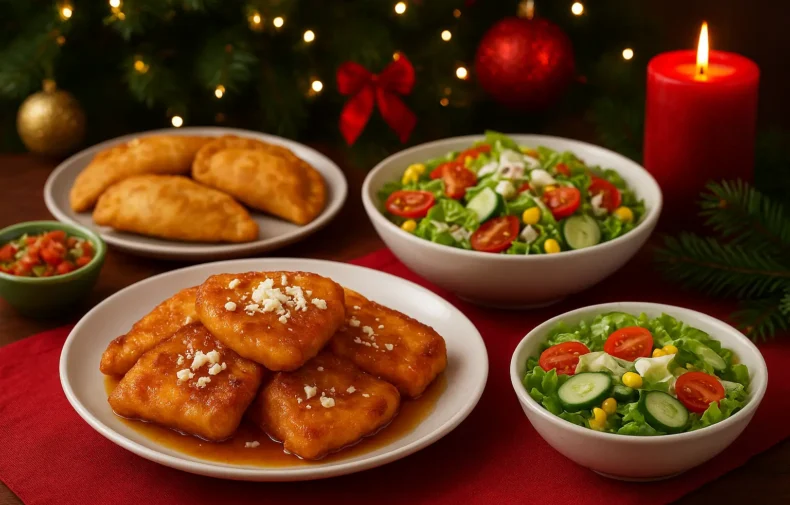 Platos navideños centroamericanos que incluyen torrejas con queso, pastelitos fritos y ensalada fresca sobre una mesa festiva decorada con luces y adornos.