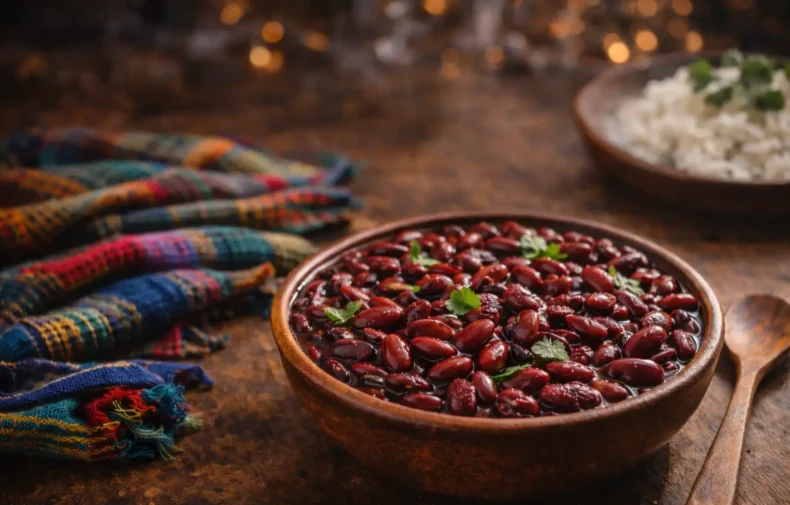 Frijol rojo seda cocido en plato rústico, ingrediente tradicional de la cocina centroamericana Doña Lisa