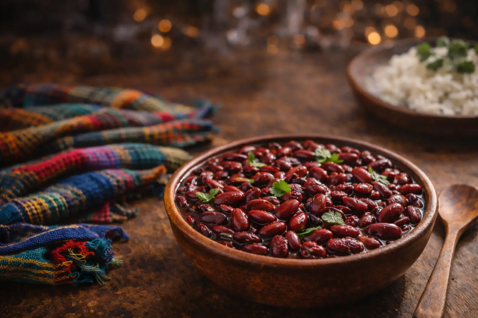 Frijol rojo seda cocido en plato rústico, ingrediente tradicional de la cocina centroamericana Doña Lisa