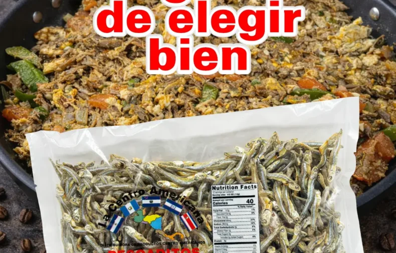 Pescaditas holominas La Centro Americana 6 oz junto a plato tradicional preparado con pescado seco