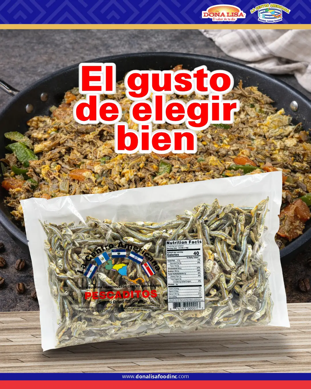 Pescaditas holominas La Centro Americana 6 oz junto a plato tradicional preparado con pescado seco