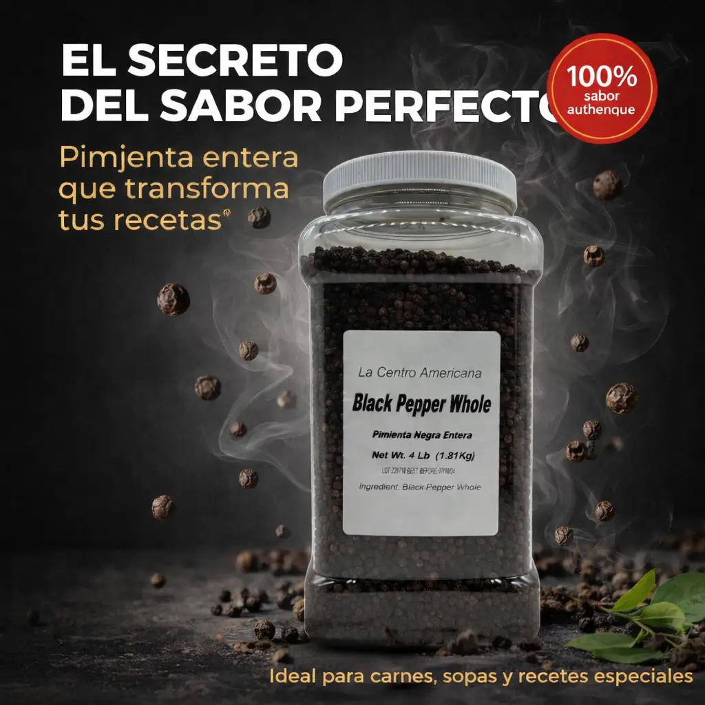 Frasco de pimienta negra entera La Centro Americana con granos de pimienta resaltando su uso en recetas latinas
