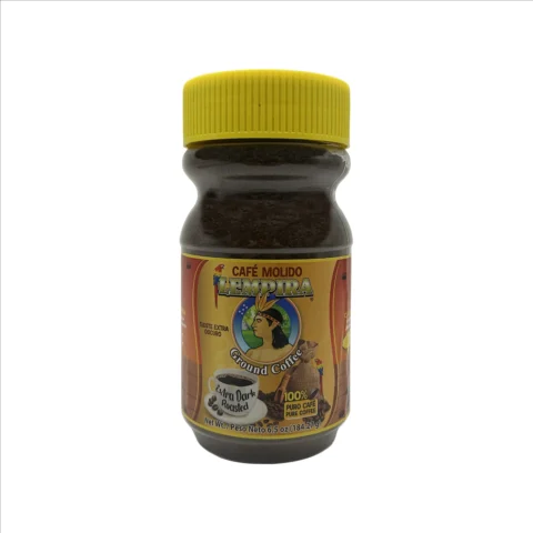 Frasco de Café Molido Lempira Extra Dark Roasted 6.5 oz, café puro molido de tueste extra oscuro.
