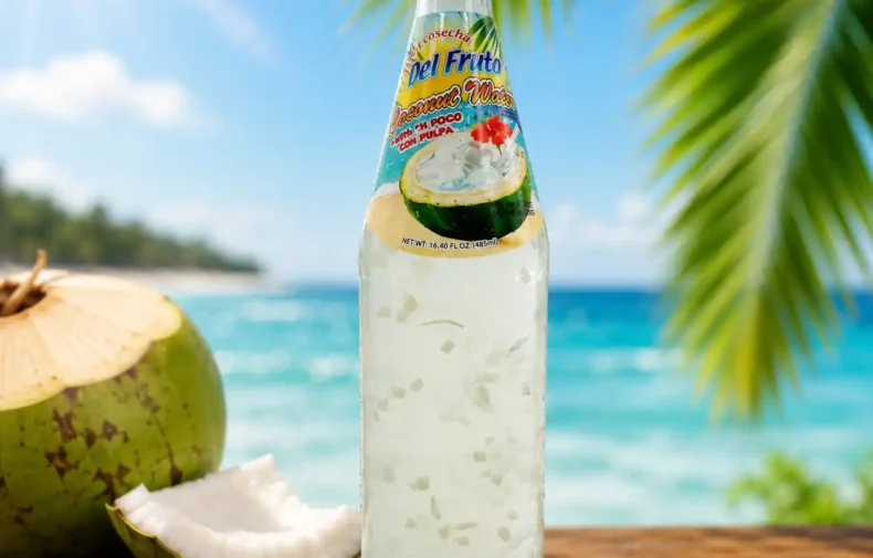 Agua de Coco con Pulpa Del Fruto en botella de vidrio disponible en supermercados latinos de Estados Unidos.
