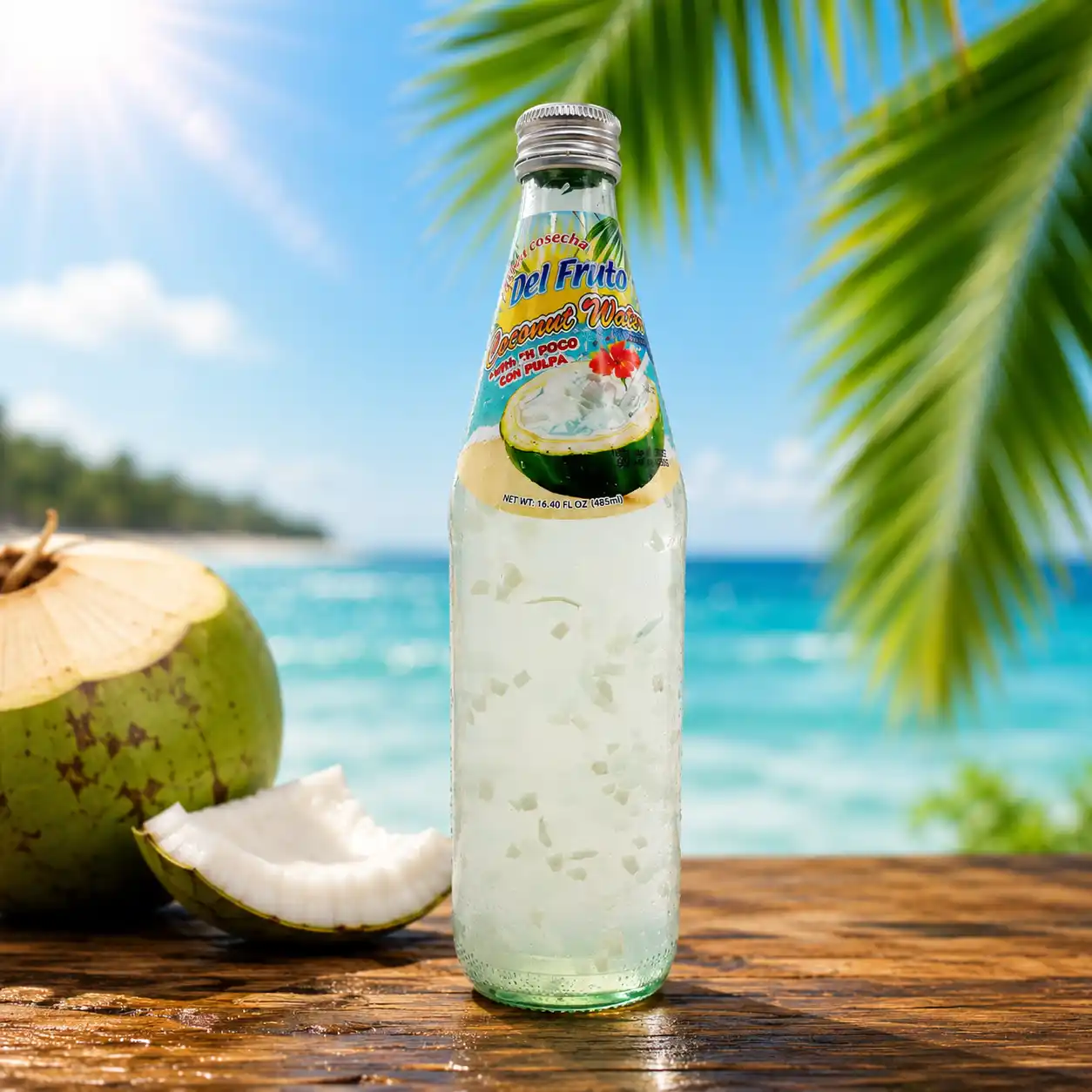 Agua de Coco con Pulpa Del Fruto en botella de vidrio disponible en supermercados latinos de Estados Unidos.