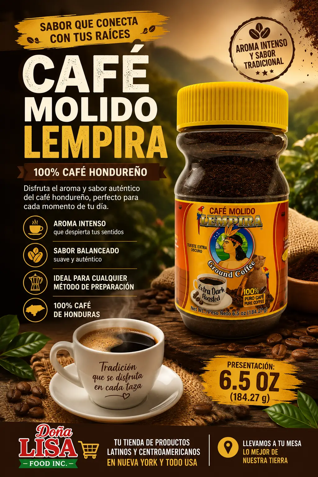 Café Molido Lempira 6.5 oz, café hondureño tradicional disponible en Doña Lisa Food Inc.