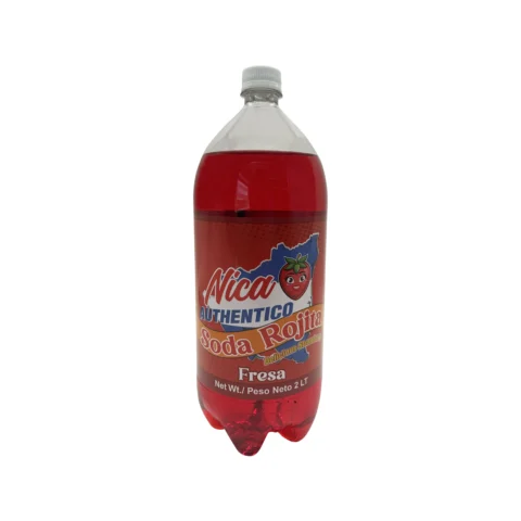 Botella de Nica Auténtico Soda Rojita sabor fresa de 2 litros, bebida nicaragüense disponible en Doña Lisa Food Inc. para la comunidad latina en Estados Unidos.