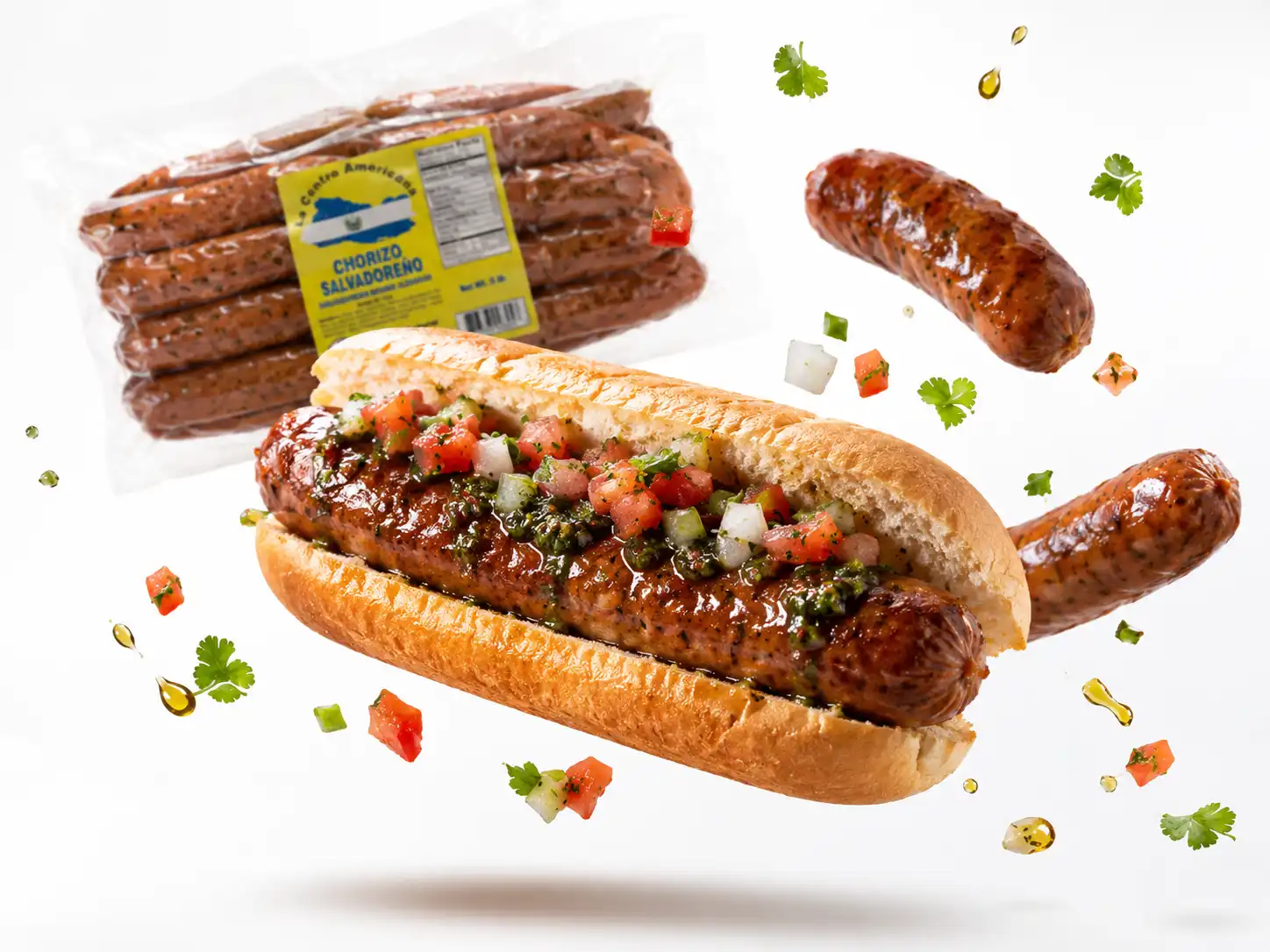 Choripán con chorizo salvadoreño Centro Americana y salsa fresca